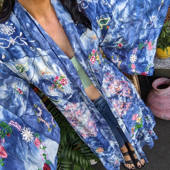 Fillyboo X Free People Linen Kimono Rare Blue Tie Dye Embroidered Luxury Duster